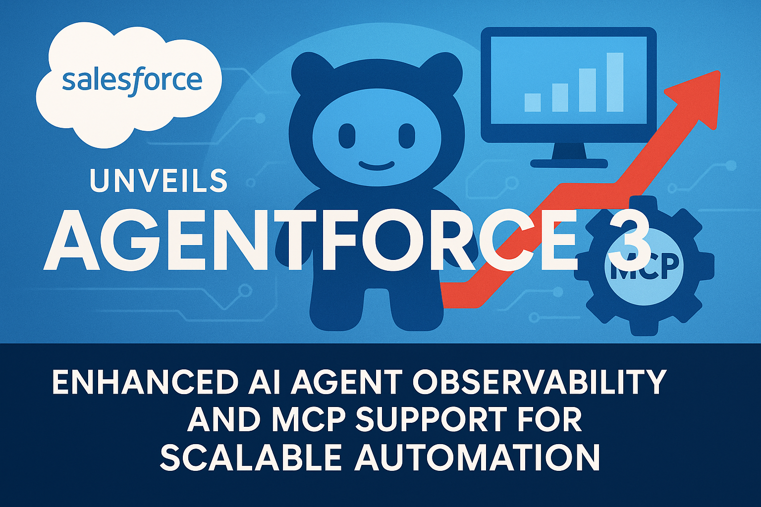 Salesforce unveils Agentforce 3 with enhanced AI agent observability and MCP support for scalable automation, featuring the Salesforce mascot, upward graph, and technology icons.