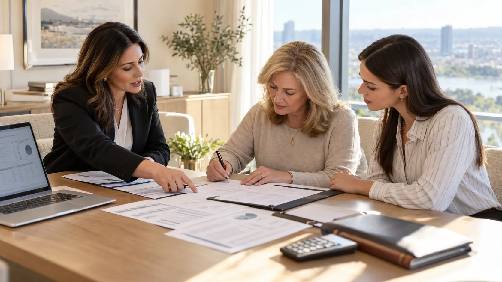 Financial advisor explaining investment account ownership and beneficiary roles to two clients