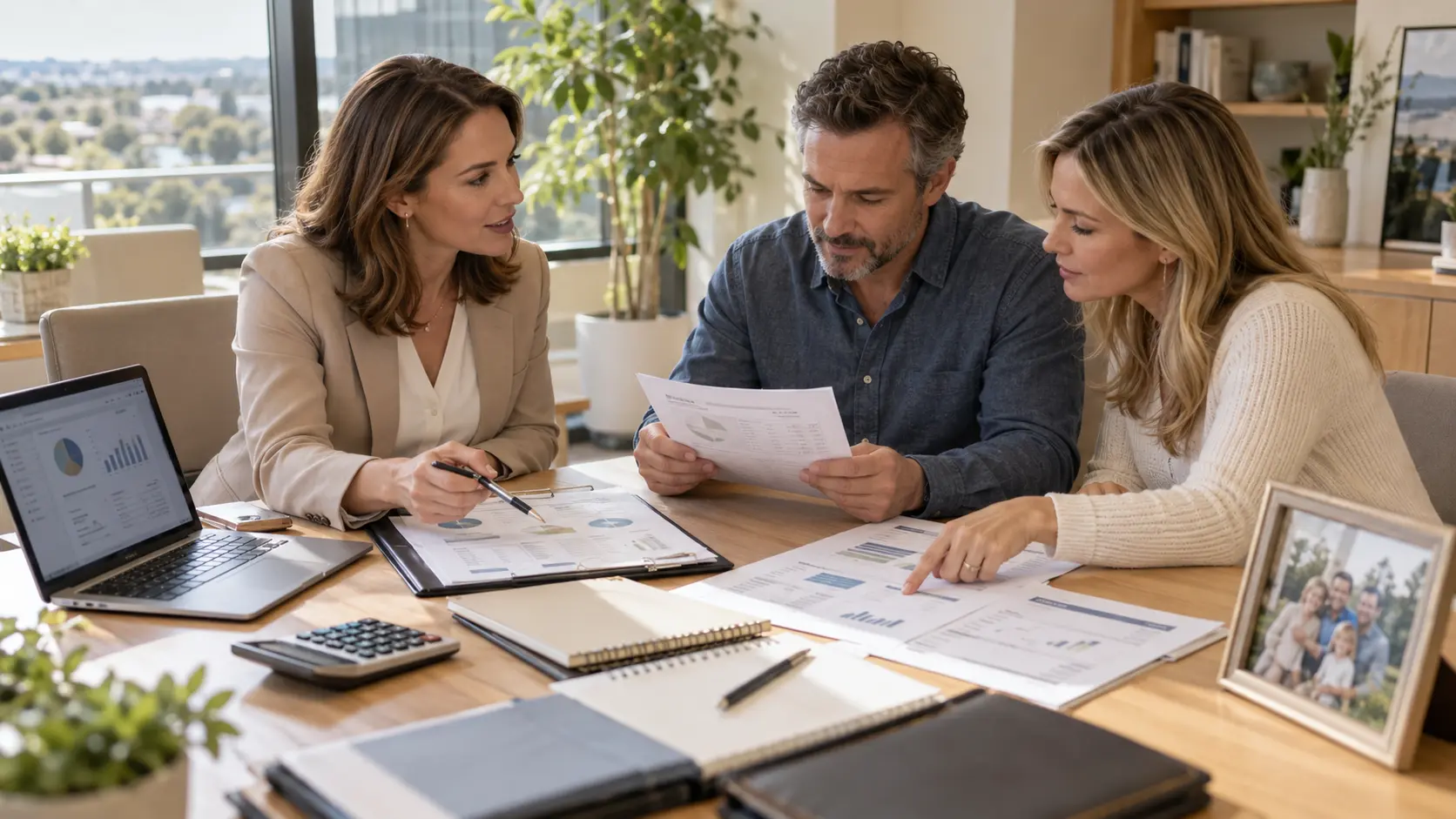Financial advisor helping a married couple review household savings, investments, and long-term financial goals